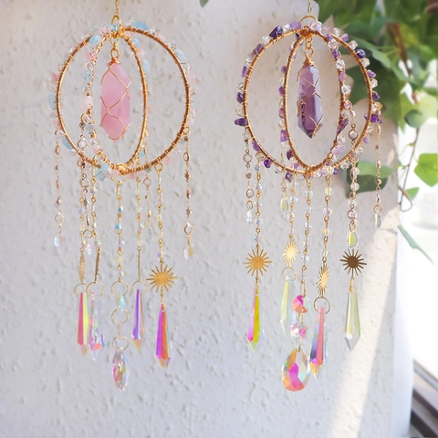 Crystal Suncatcher Hanging Ornament With Amethyst Rose Quartz Handmade Bohemian Style Rainbow Maker Home Garden Decor