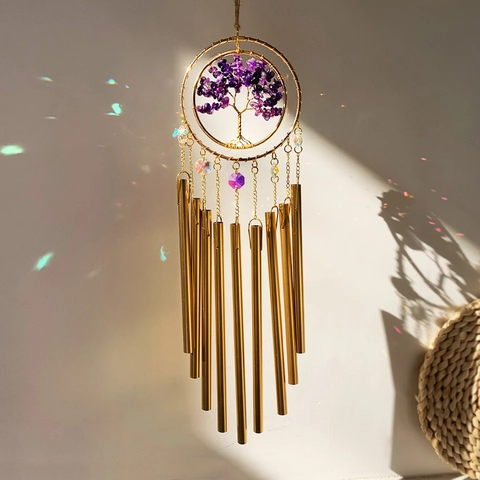Boom Van Het Leven Windgong Metalen Buizen Natuurlijke Kristalstenen Boho Hangende Decoratie Tuin Balkon Decor Zonnevanger