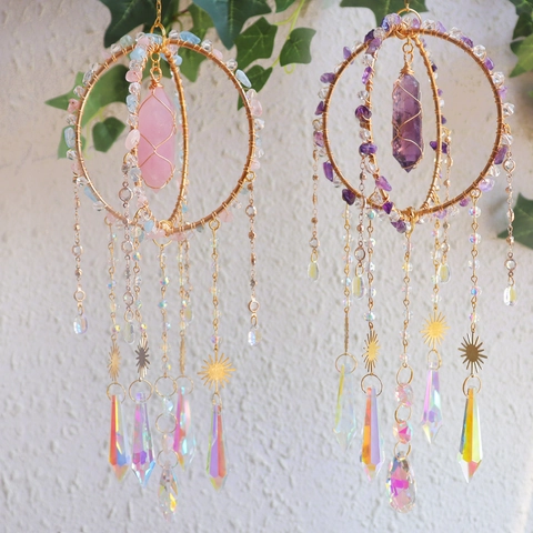 Crystal Suncatcher Hanging Ornament With Amethyst Rose Quartz Handmade Bohemian Style Rainbow Maker Home Garden Decor