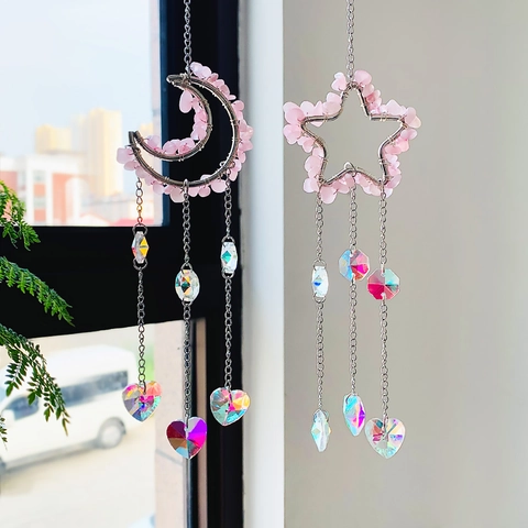 Natural Rose Quartz Moon Star Crystal Suncatcher Hanging Prism Decoration For Home Window Garden Rainbow Maker Ornament