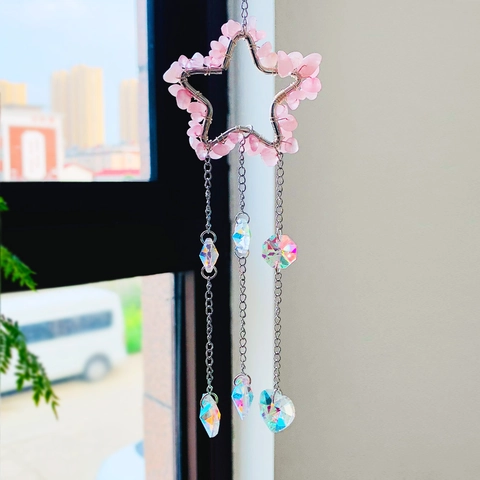 Natural Rose Quartz Moon Star Crystal Suncatcher Hanging Prism Decoration For Home Window Garden Rainbow Maker Ornament