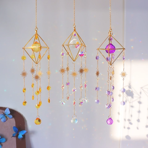 Geometric Golden Metal Crystal Suncatcher Wind Chime With Octahedron Prism Rainbow Maker For Window Home Garden Decor