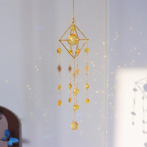 Geometric Golden Metal Crystal Suncatcher Wind Chime With Octahedron Prism Rainbow Maker For Window Home Garden Decor