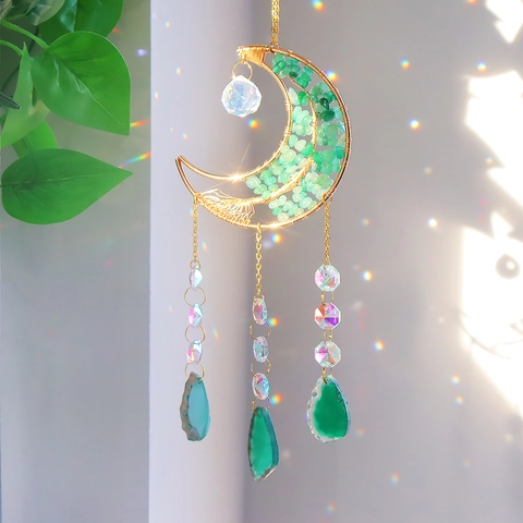Mond Suncatcher Naturachat Scheibe Kristall Splitter Hängende Dekoration Handgemacht Gold Metall Draht Heimdeko