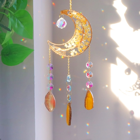 Mond Suncatcher Naturachat Scheibe Kristall Splitter Hängende Dekoration Handgemacht Gold Metall Draht Heimdeko
