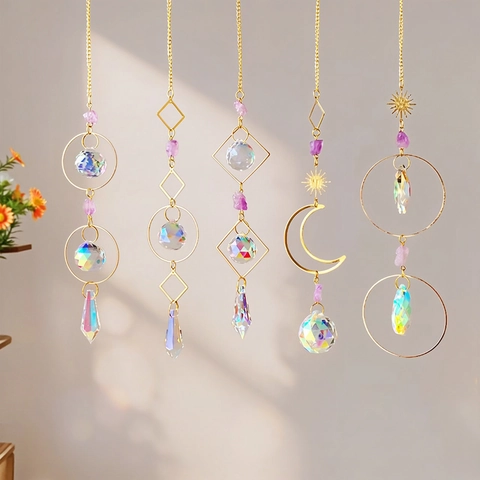 Atrapasol De Cristal De Amatista Luna Sol Prisma Adorno Colgante Para Ventana Decoración De Metal Boho Arcoiris