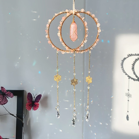 Acchiappasole In Cristallo Di Quarzo Rosa Naturale Ornamento Sospeso Scacciapensieri Con Fiore In Metallo Boho