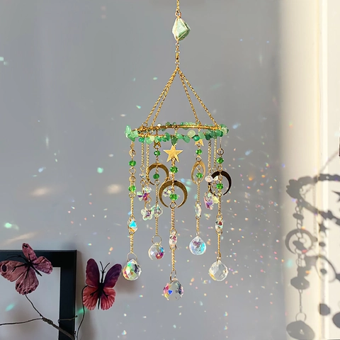 Crystal Suncatcher With Natural Green Aventurine Metal Moon Star Hanging Ornament For Window Bohemian Rainbow Maker