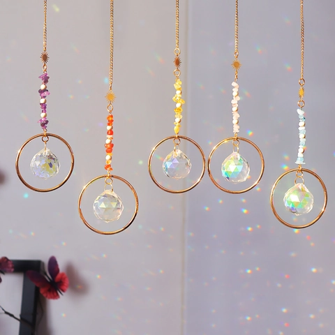 Natural Crystal Suncatcher Stone Chips Rainbow Maker Window Hanging Decoration Metal Sun Prism Boho Home Ornament