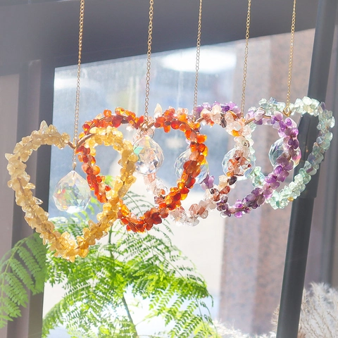 Atrapasol de Corazón de Chips de Cristal Natural Decoración Colgante Con Cadena de Metal Bola de Prisma para Ventana Hogar Jardín Ornamento