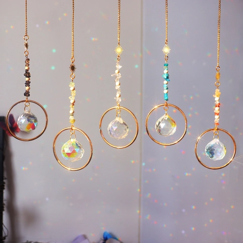 Natural Crystal Suncatcher Stone Chips Rainbow Maker Window Hanging Decoration Metal Sun Prism Boho Home Ornament