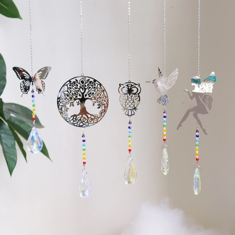 Κρυστάλλινο Suncatcher Μεταλλική Καμπάνα Άνεμου Χάντρες Ουράνιο Τόξο Νεράιδα Πεταλούδα Κουκουβάγια Δέντρο Ζωής Κολίμπρι Διακόσμηση