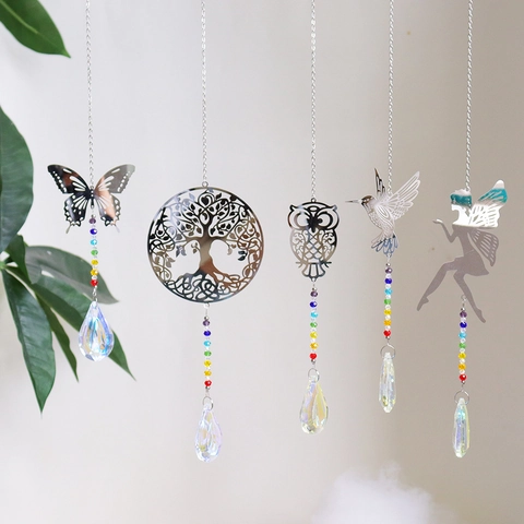 Κρυστάλλινο Suncatcher Μεταλλική Καμπάνα Άνεμου Χάντρες Ουράνιο Τόξο Νεράιδα Πεταλούδα Κουκουβάγια Δέντρο Ζωής Κολίμπρι Διακόσμηση