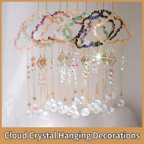 Atrapasol de Cristal en Forma de Nube Con Chips de Piedra Natural Amatista Cuarzo Rosa Adorno Colgante de Metal Dorado para Jardín Ventana
