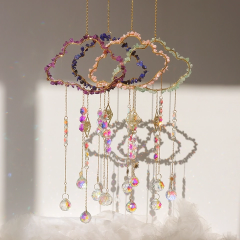 Atrapasol de Cristal en Forma de Nube Con Chips de Piedra Natural Amatista Cuarzo Rosa Adorno Colgante de Metal Dorado para Jardín Ventana