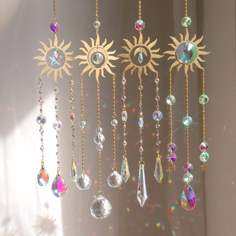 Crystal Suncatcher Metal Sun Moon Star Prism Ball Rainbow Maker Hanging Decoration Bohemian Style Window Balcony Garden Ornament