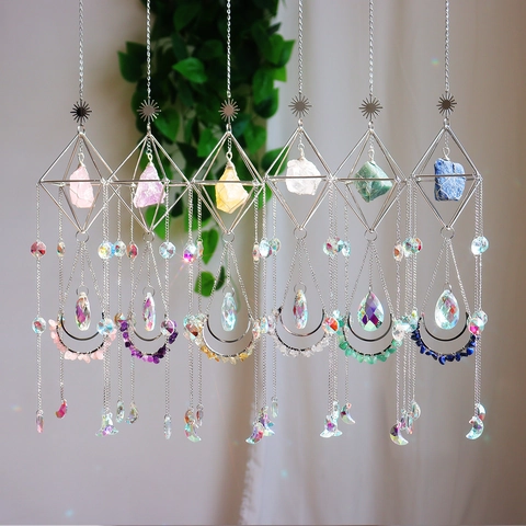 Μποέμ Μεταλλικό Suncatcher Με Φυσική Ακατέργαστη Πέτρα Κρυστάλλου Γεωμετρικό Κρεμαστό Διακοσμητικό Ήλιος Φεγγάρι Σπίτι