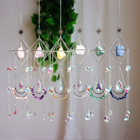 Μποέμ Μεταλλικό Suncatcher Με Φυσική Ακατέργαστη Πέτρα Κρυστάλλου Γεωμετρικό Κρεμαστό Διακοσμητικό Ήλιος Φεγγάρι Σπίτι