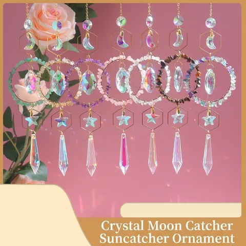 Bohemian Moon Star Crystal Suncatcher Hanging Wind Chime Rainbow Prism Maker Gold Alloy Geometric Home Garden Window Decor