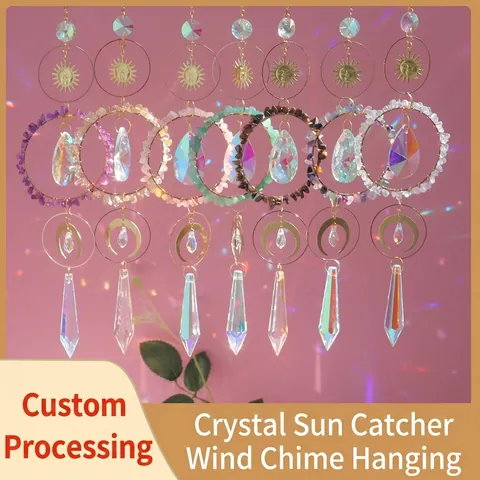 Crystal Suncatcher Wind Chime Natural Stone Amethyst K9 Crystal Prism Hanging Ornament Rainbow Maker Sun Moon Home Garden