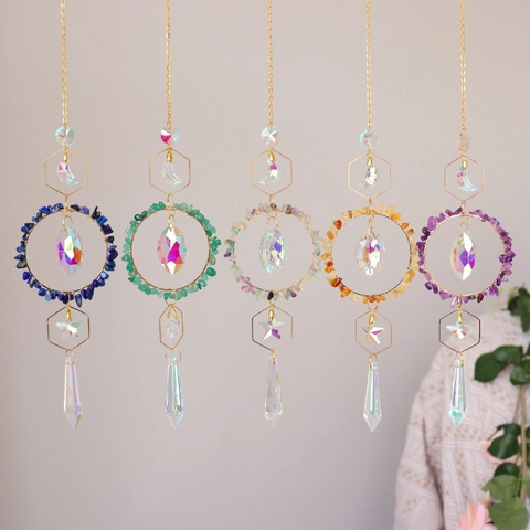 Bohemian Moon Star Crystal Suncatcher Hanging Wind Chime Rainbow Prism Maker Gold Alloy Geometric Home Garden Window Decor