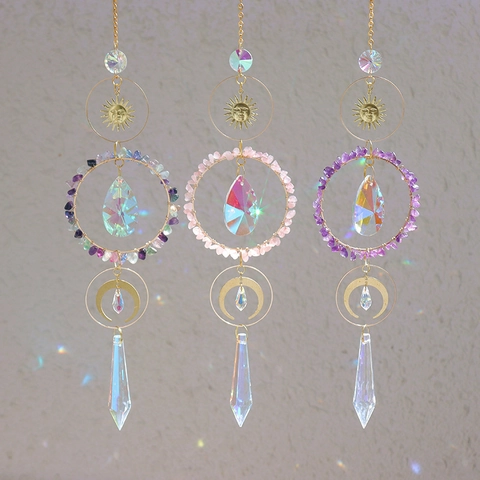Crystal Suncatcher Wind Chime Natural Stone Amethyst K9 Crystal Prism Hanging Ornament Rainbow Maker Sun Moon Home Garden