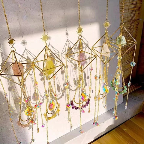Geometric Suncatcher Natural Stone Metal Hanging Decoration Bohemian Style Window Ornament Crystal Prism Moon Sun Decor