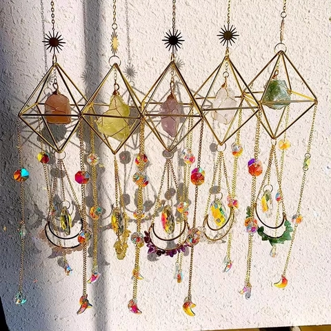 Geometric Suncatcher Natural Stone Metal Hanging Decoration Bohemian Style Window Ornament Crystal Prism Moon Sun Decor
