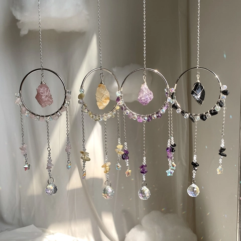Handmade Natural Crystal Suncatcher Hanging Ornament With Metal Chain Prism Ball Bohemian Dreamcatcher For Home Garden Decor