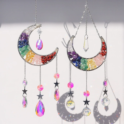 Bohemian Moon Crystal Suncatcher Natural Stone Seven Chakra Beads Silver Metal Wire Wrapped Window Hanging Ornament Home Decor