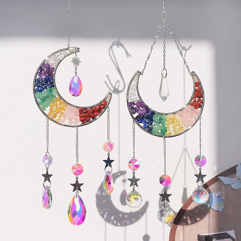 Bohemian Moon Crystal Suncatcher Natural Stone Seven Chakra Beads Silver Metal Wire Wrapped Window Hanging Ornament Home Decor