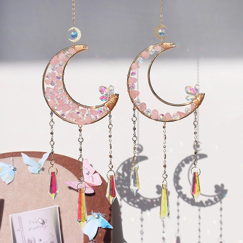 Acchiappasole In Cristallo Quarzo Rosa Luna Ornamento Sospeso Prismi Creatore Di Arcobaleno Boho Decorazioni Casa