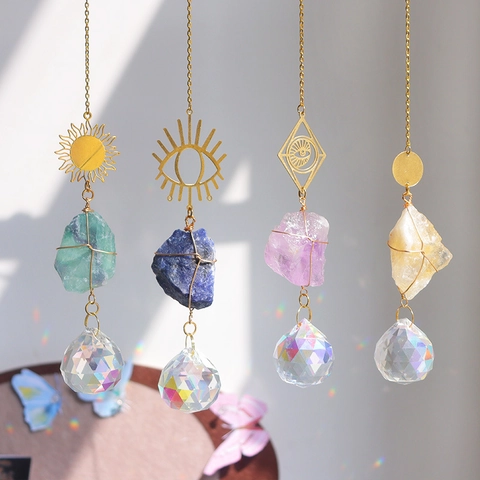 Natural Raw Stone Crystal Suncatcher Hanging Ornament With Prism Ball Gold Alloy Moon Sun Evil Eye Geometric Window Home Decor