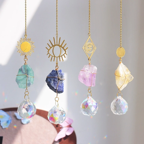 Natural Raw Stone Crystal Suncatcher Hanging Ornament With Prism Ball Gold Alloy Moon Sun Evil Eye Geometric Window Home Decor