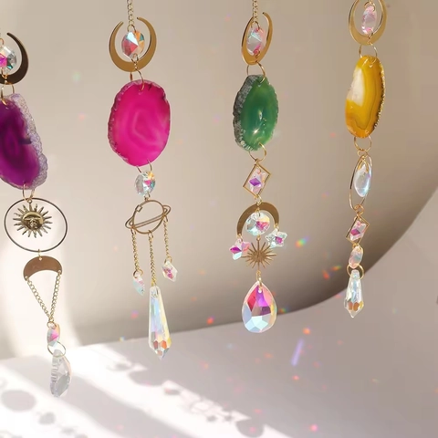 Attrape-Soleil Décoration À Suspendre Avec Tranche D'Agate Naturelle Et Prisme En Cristal Facetté Boho Lune Soleil Or