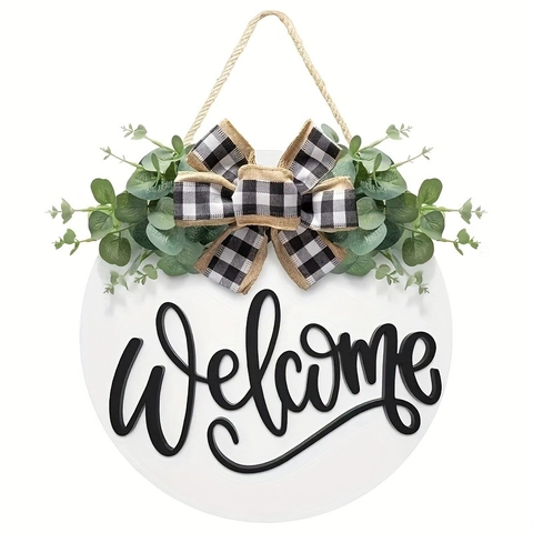 Cartello Di Benvenuto Per Porta Ingresso In Legno Rotondo Bianco Con Fiocco A Scacchi Verde Artificiale Decorazione Portico