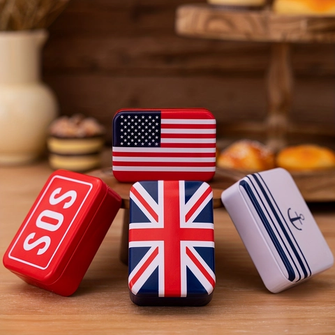 Rectangular Tinplate Storage Box Metal Candy Container Vintage Flag Map Pattern Portable Small Organizer Case