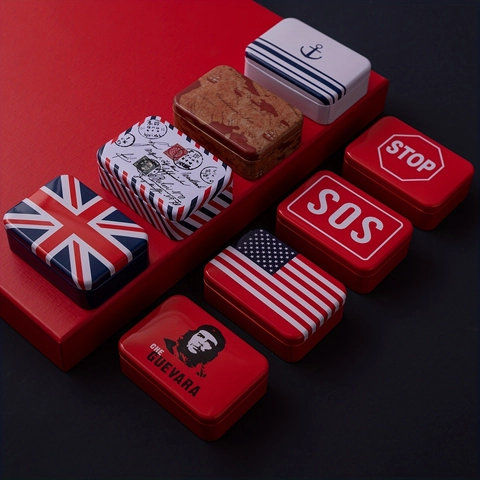 Rectangular Tinplate Storage Box Metal Candy Container Vintage Flag Map Pattern Portable Small Organizer Case