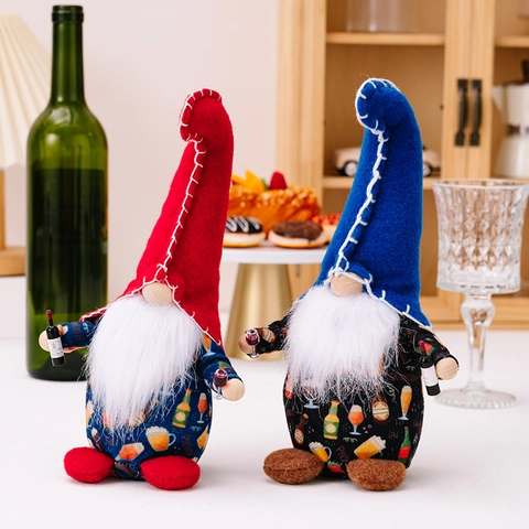 Gnome en Peluche Thème Vin Tenant Une Mini Bouteille Verre Chapeau Rouge Bleu Nain Sans Visage Pour Décoration de Fête