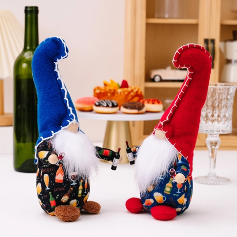 Gnome en Peluche Thème Vin Tenant Une Mini Bouteille Verre Chapeau Rouge Bleu Nain Sans Visage Pour Décoration de Fête
