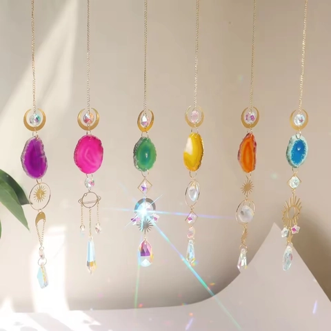 Attrape-Soleil Décoration À Suspendre Avec Tranche D'Agate Naturelle Et Prisme En Cristal Facetté Boho Lune Soleil Or
