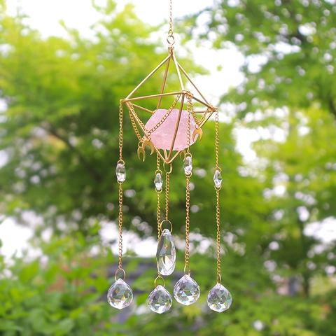Suncatcher Hanging Ornament With Pink Quartz Crystal And Geometric Metal Frame Moon Star Rainbow Maker For Home Garden Decor