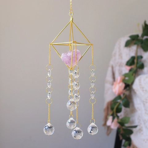 Geometric Crystal Suncatcher Metal Amethyst Hanging Ornament Window Rainbow Maker Garden Home Decor Prism Pendant