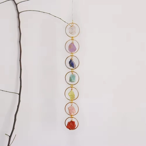 7 Chakra Natural Raw Crystal Wall Hanging Decor Healing Stones Wire Wrapped Gold Metal Rings For Home Meditation Yoga