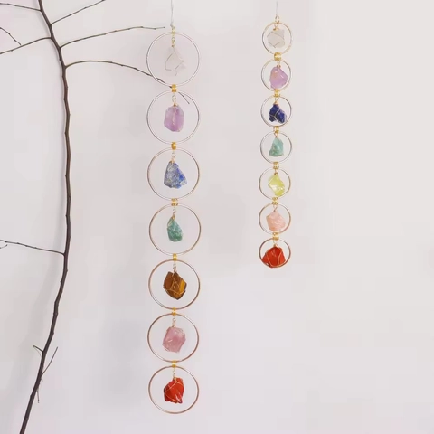 Decorazione Da Parete In Cristallo Grezzo Naturale 7 Chakra Pietre Curative Avvolte In Filo Anelli In Metallo Dorato Yoga