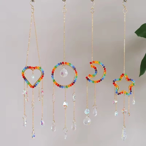 Crystal Suncatcher Hanging Ornament With Golden Metal Rainbow Beads Faceted Prisms For Window Garden Home Decor