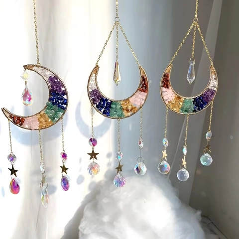 Crystal Moon Suncatcher 7 Chakra Stones Hanging Ornament Window Rainbow Maker Decor For Home Garden Office Yoga Gift