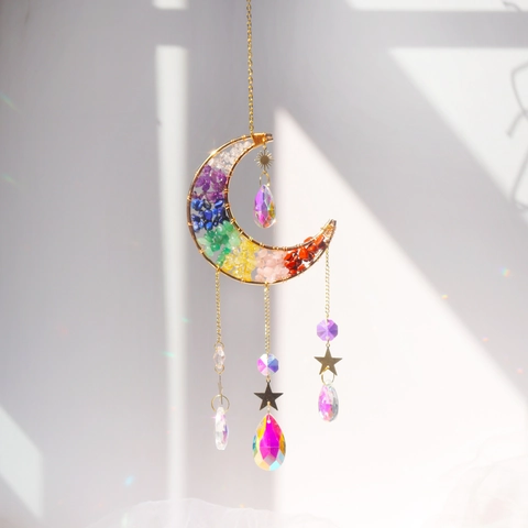 Crystal Moon Suncatcher 7 Chakra Stones Hanging Ornament Window Rainbow Maker Decor For Home Garden Office Yoga Gift