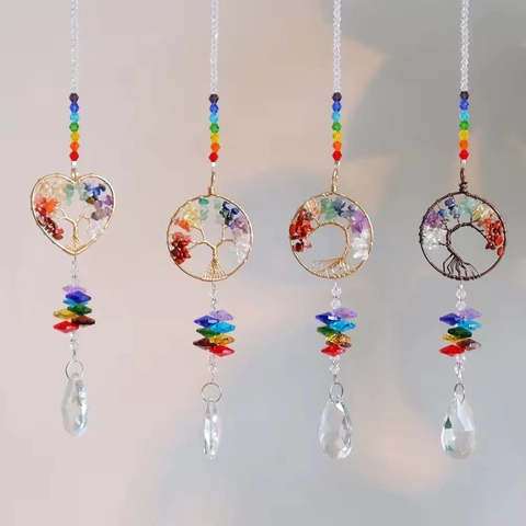 Tree Of Life Suncatcher Crystal Hanging Ornament Chakra Natural Stone Prism For Window Garden Home Wall Decoration