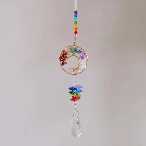 Tree Of Life Suncatcher Crystal Hanging Ornament Chakra Natural Stone Prism For Window Garden Home Wall Decoration